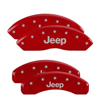 MGP Caliper Covers Set Of 4 Caliper Covers Engraved Front And Rear Jeep Red Finish Silver Characters 2018-2024 Jeep Wrangler JL BRY brake code MGP Caliper Covers