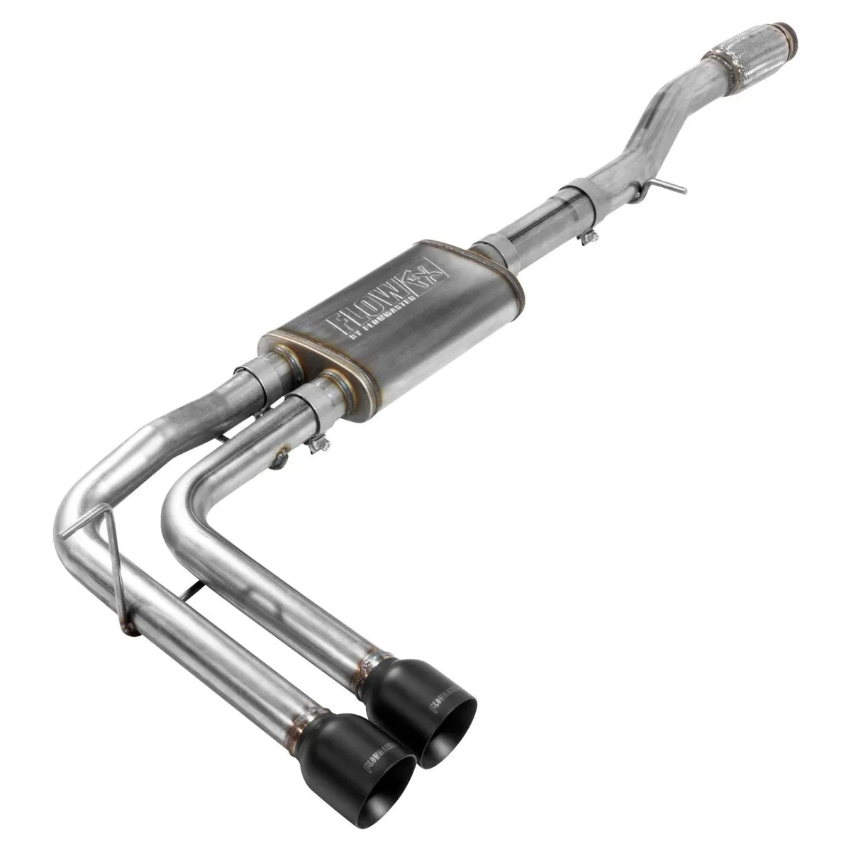2014-2018 GM SilveradoSierra 1500 12 Ton 5.3L V8 Crew Cab and Double Cab 24 Wheel Drive Except Crew Cab 2WD with 2 Pc Driveshaft Cat-back Flow FX Series Muffler Mandrel Bent 2.5in. 16 Gauge Tubing 4 in. Black Ceramic Coated Tips WEtched product image