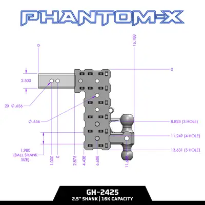 GEN-Y Hitch PHANTOM-X 2.5 Solid Shank 7.5 Drop 1.6K TW 16K Hitch GH-051 Versa-Ball GH-032 Pintle Lock