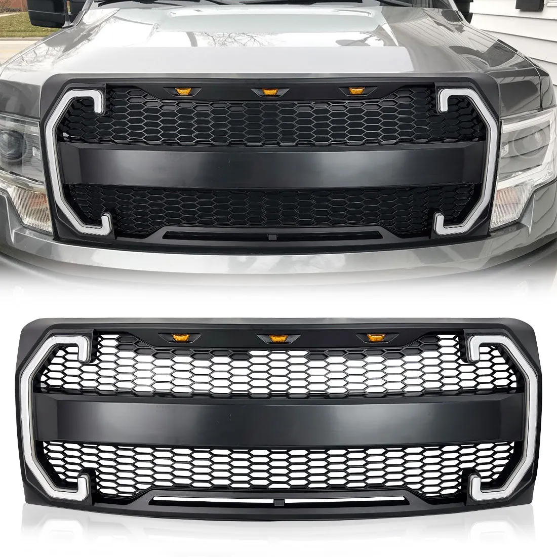 Raptor Style Mesh Grille W/ DRL & Turn Signal Lights - Matte Black For 2009-2014 Ford F150 product image