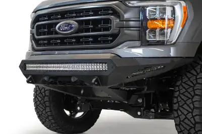 Addictive Desert Designs Ford F150 Stealth Fighter Front Bumper with 10 Cube Mounts Universal Plate on top and 10 SR Cube mounts on Sides with SENSOR Cutouts with D-ring mounts in Hammer Black with Satin Black panels 2021 Ford F-150