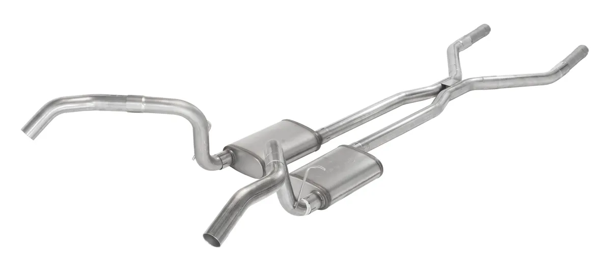 Crossmember Back w/H-Pipe Exhaust System 67-69 Split Rear Dual Exit 2.5 in Intermediate Pipe And Tailpipe Race Pro Mufflers/Hardware Incl Tip Not Incl Pypes Exhaust product image