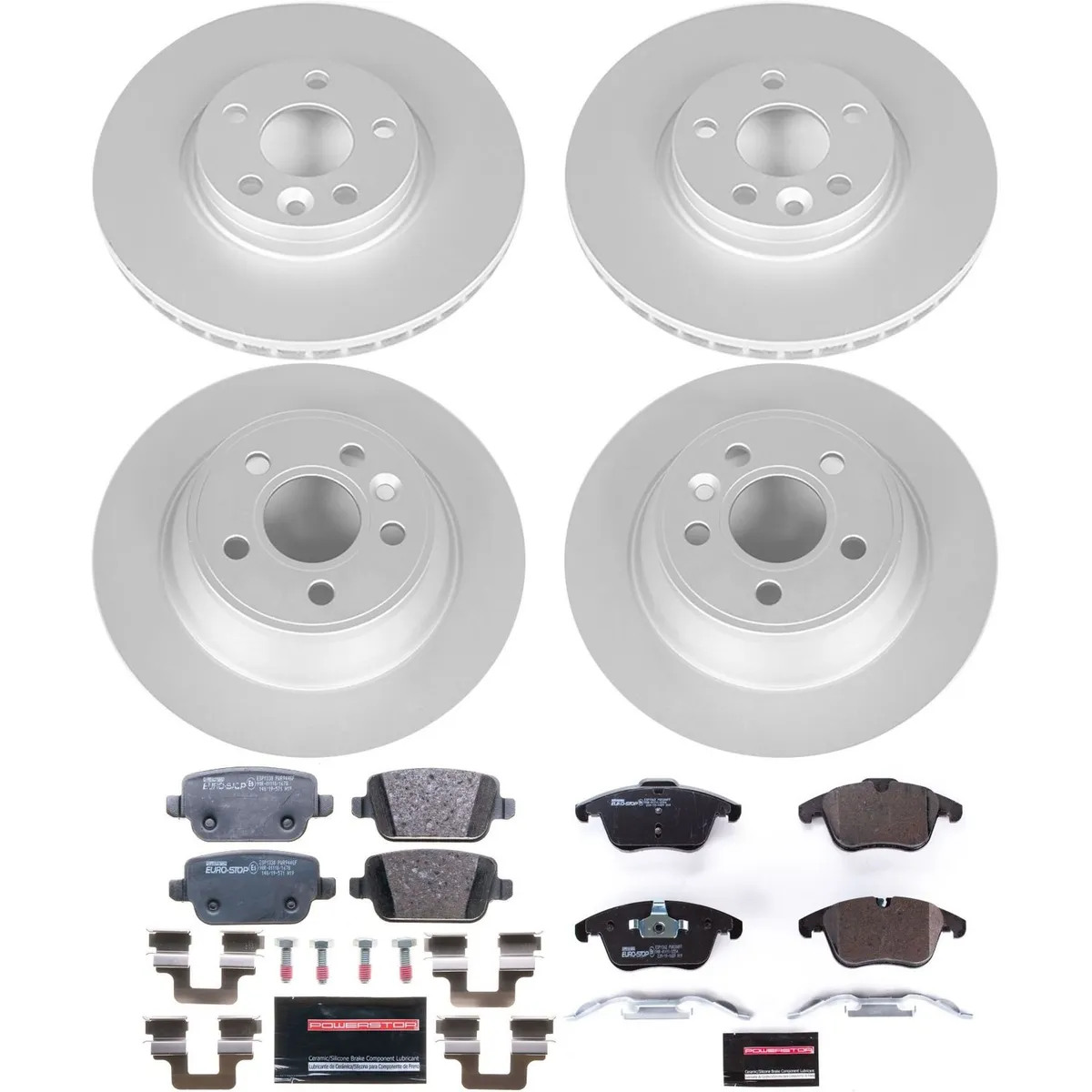 Euro-Stop Kit: Genuine Geomet Fully Coated Rotors; Ece-R90 Certified Pads W/Hardware product image