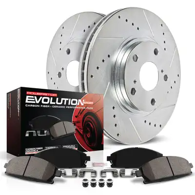 PowerStop Z23 Evolution Sport Upgrade Kit: Drilled/Slotted Rotors; Carbon-Fiber Ceramic Pads W/Hardware; Pad Sensors