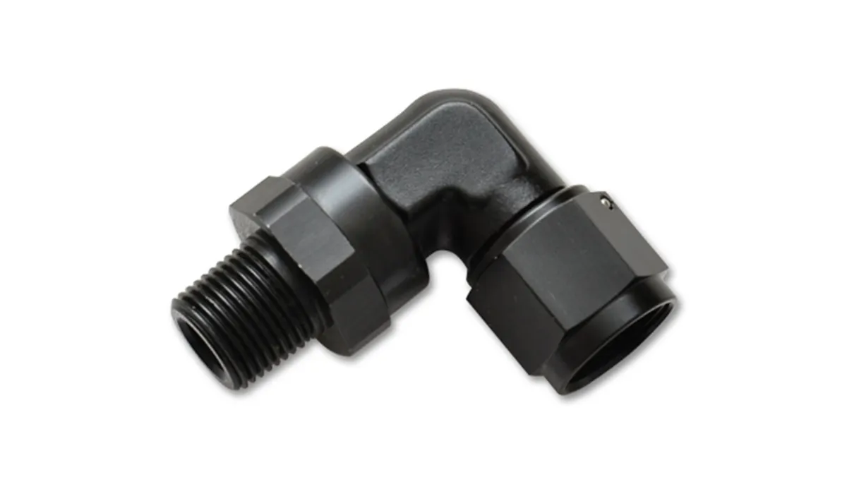 90 Degree Swivel Adapter Fitting; -4AN Female x 0.125 in. NPT Male; 6061 Aluminum; Black Anodized; product image