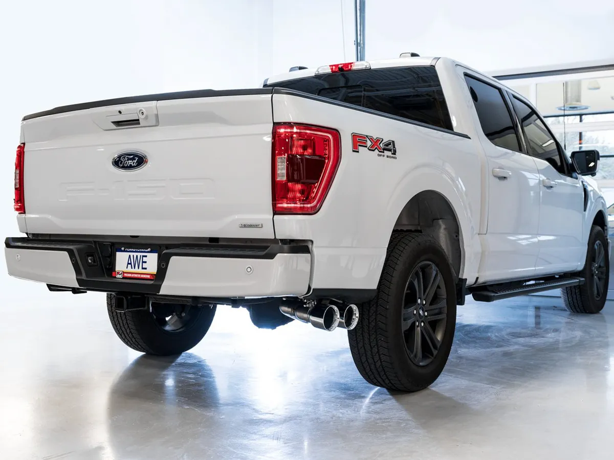 AWE 0FG Dual Split Rear Exhaust for '21+ Ford F-150 - 5" Diamond Black Tips product image