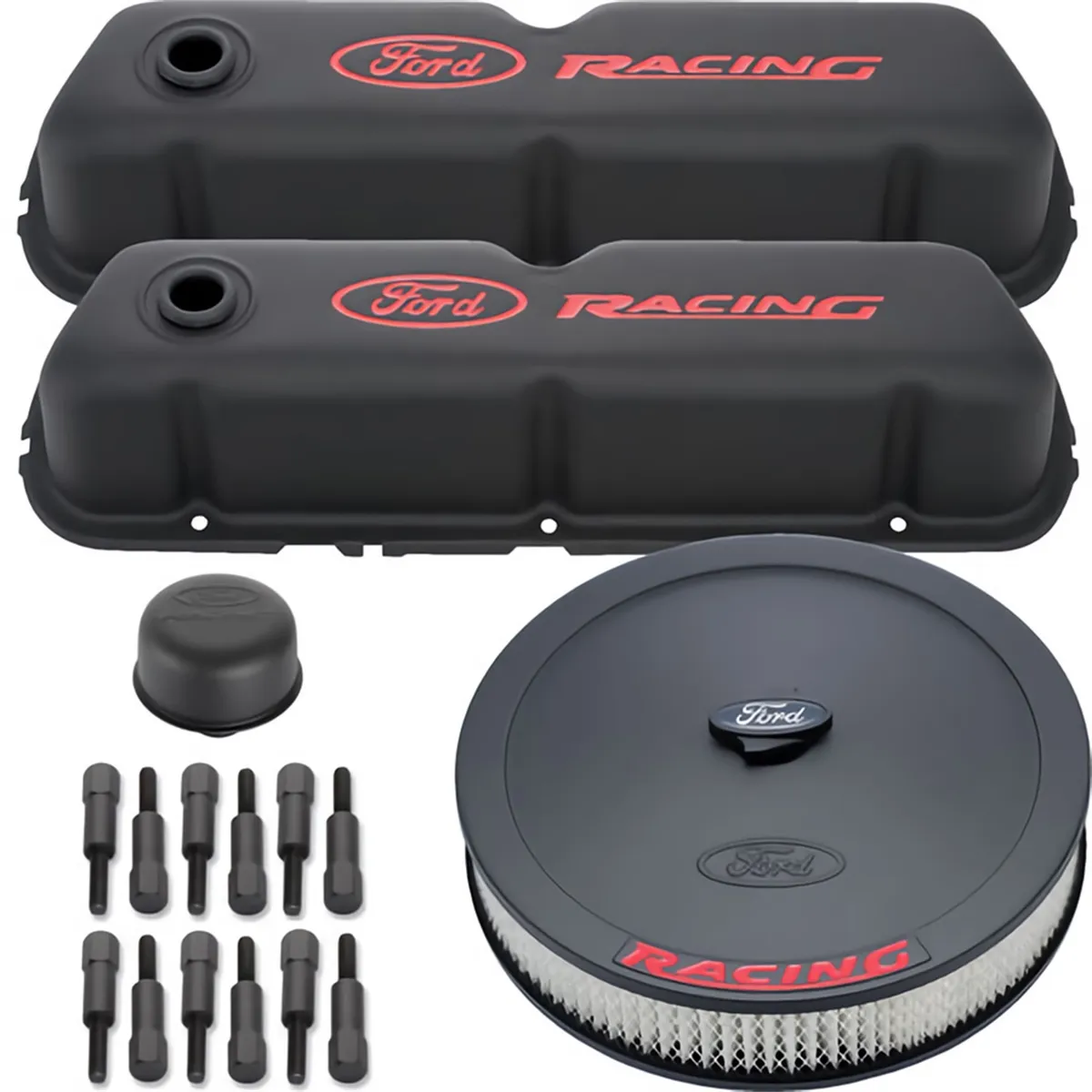 Engine Dress-Up Kit Black Crinkle w/ Red Ford Racing Logo Fits SB Ford Engines Stock Powdercoat Ford Racing product image
