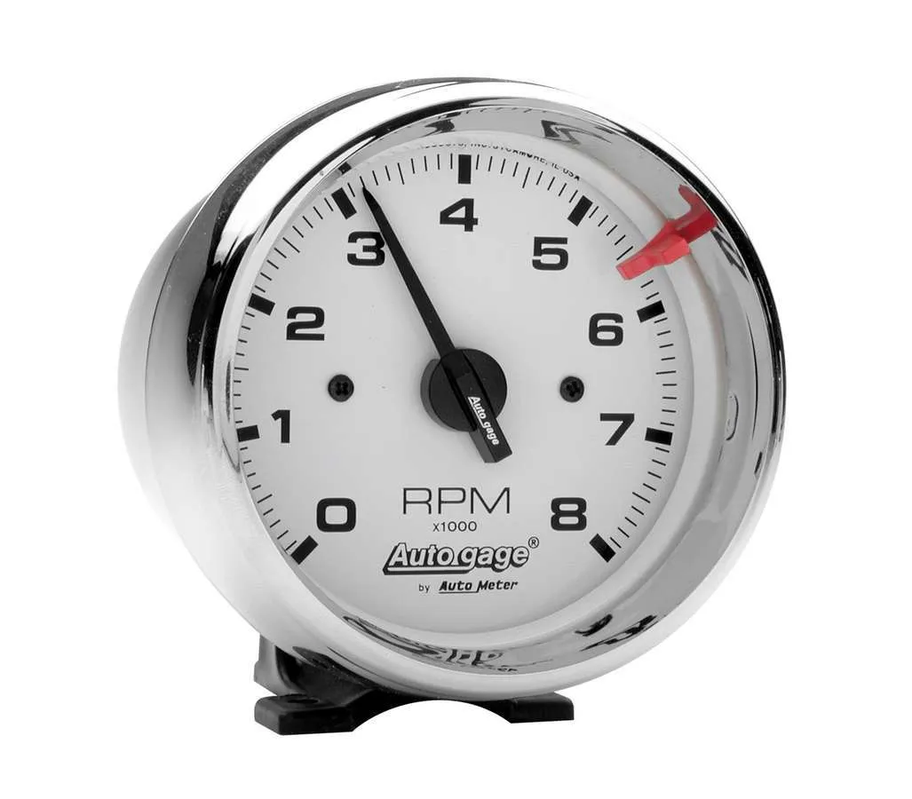 AutoMeter Gauge, Tach, 3 3/4", 8k RPM, Pedestal, Wht Dial Chrome Case, AutoGage