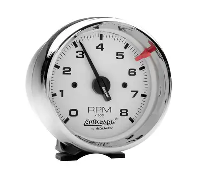 AutoMeter Gauge, Tach, 3 3/4", 8k RPM, Pedestal, Wht Dial Chrome Case, AutoGage