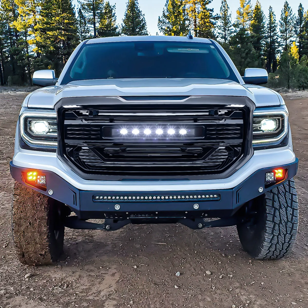 Armor Grille W/ Off-Road Lights & Outer Frame Surround - Glossy Black For 2016-2018 GMC Sierra 1500 product image
