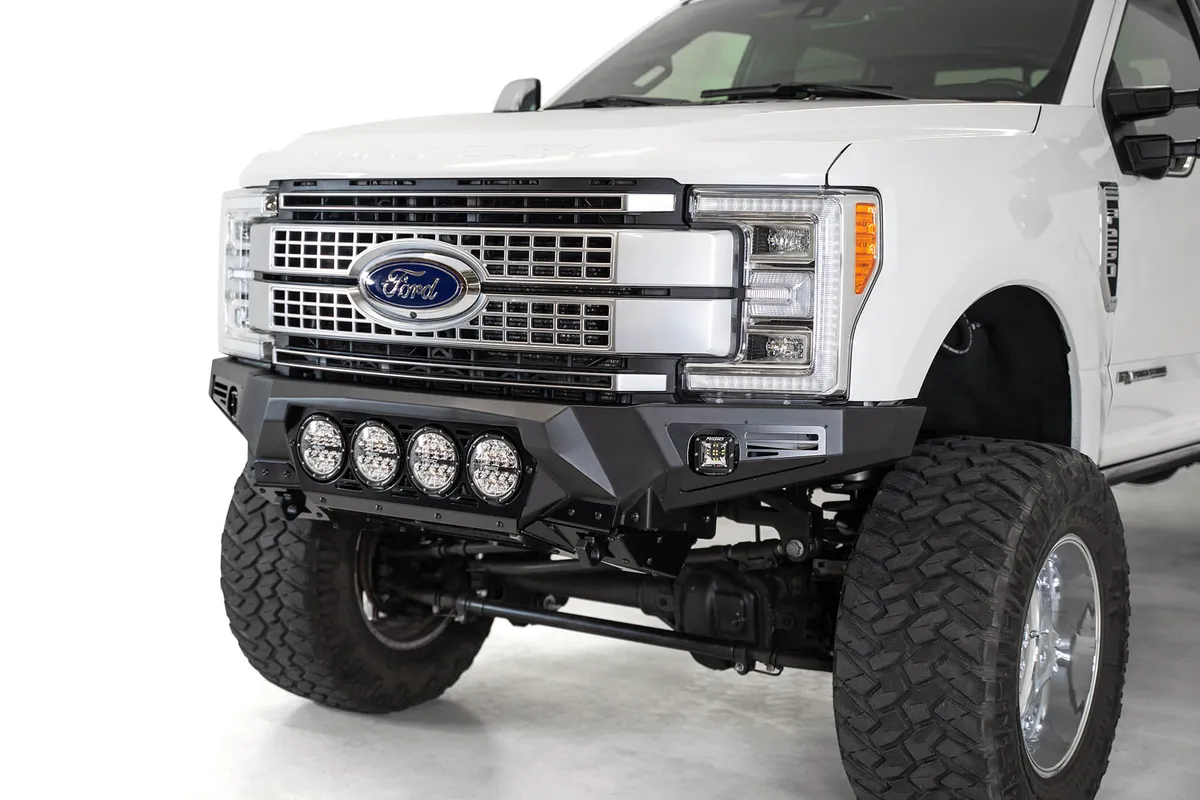 The Addictive Desert Designs Bomber front bumper brings the ultimate combination of form and function to the Ford F250F350. A full 316 aluminum skid plate offers superior protection while keeping the bumper lightweight. Three different light options ar product image