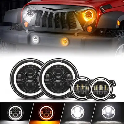 LED Factory Mart 4-in-1 Controlled 7'' LED Halo Headlights and 4'' Cree LED Halo Fog Lights with Turn Signals for Jeep Wrangler JK