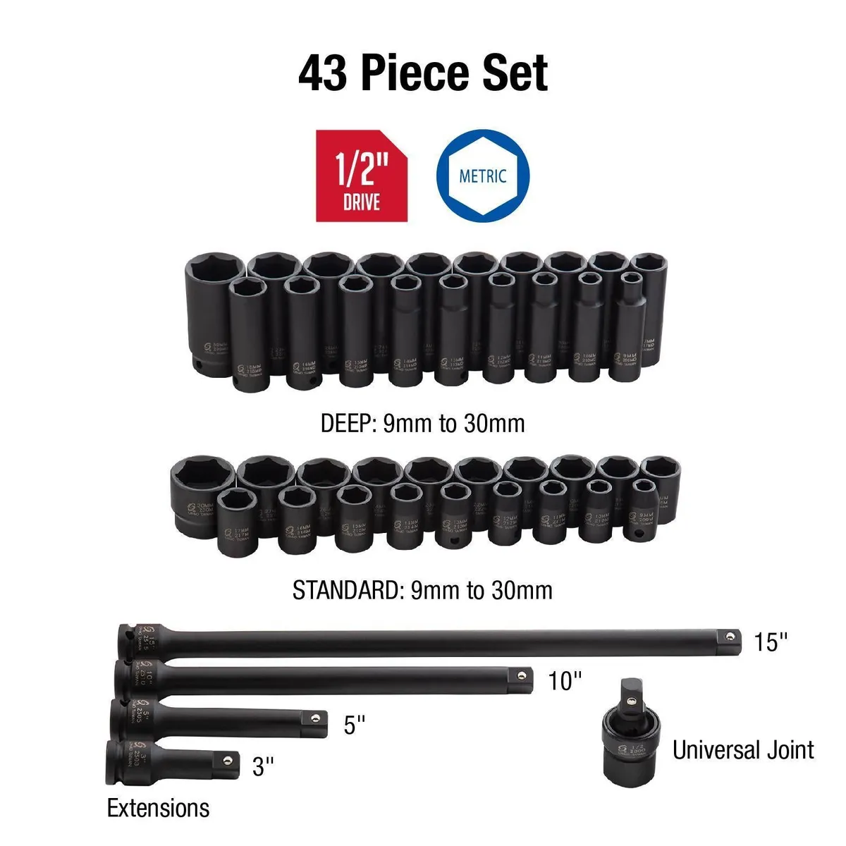 1/2" Drive Metric 6 Point Standard & Deep 43-Piece Master Impact Socket Set product image