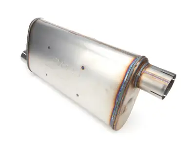 Pypes Performance exhaust Turbo Pro Muffler 18 Inch Body 2.5 Inch Offset Inlet/Offset Outlet 409 Stainless MVT30