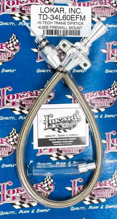 Lokar Hi-Tech Flexible Braided Transmission Dipstick; 24 in.; Firewall Mount; Incl. Flexible Inner Dipstick/Funnel Adapter/Braided Stainless Outer Housing; Stainless Steel Finish;