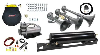 Kleinn Automotive Accessories Onboard Air System w/Horns; Includes Triple Black Horns PN[730]/ 150/200 PSI Air Compressor PN[6450RC]/ 3.0 Gallon Air Tank PN[6351RT]; Spare Tire Location;