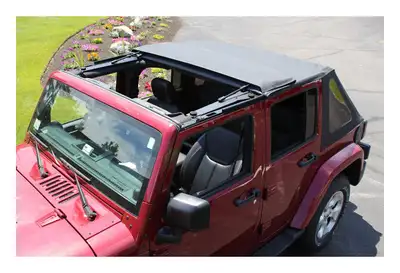 Crown Automotive Jeep Replacement Black Bowless Soft Top w/ 4 Doors;black Diamond Bowless Soft Top w/ Tinted Windows With Fold Back Sunroof Feature;includes Top, Door Surrounds, Tailgate Bar And Retainers, Windshield Header Channel/Sunroof Assembly, And All Necessary Hardware;includes Eve