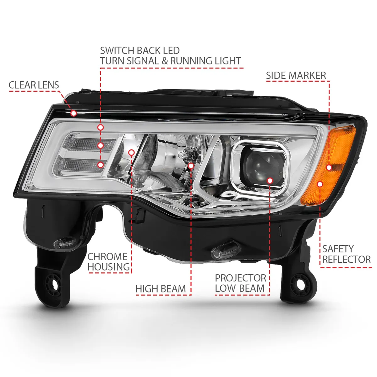 Jeep Grand Cherokee 17-22 Projector Switchback LED Plank Style Headlights Chrome (Not For HID Models) product image
