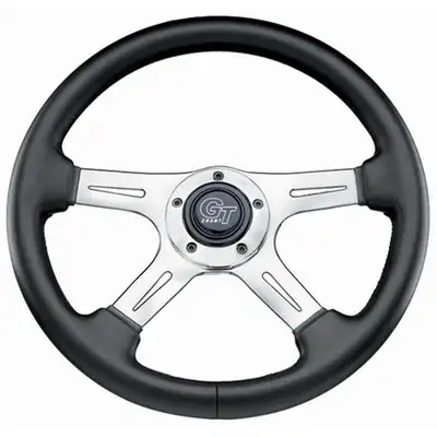Grant Elite GT Steering Wheel; 14 in. Diameter; 3 3/4 in. Dish; Black Leather Grained Vinyl Grip; Polished Aluminum 4-Spoke Design;