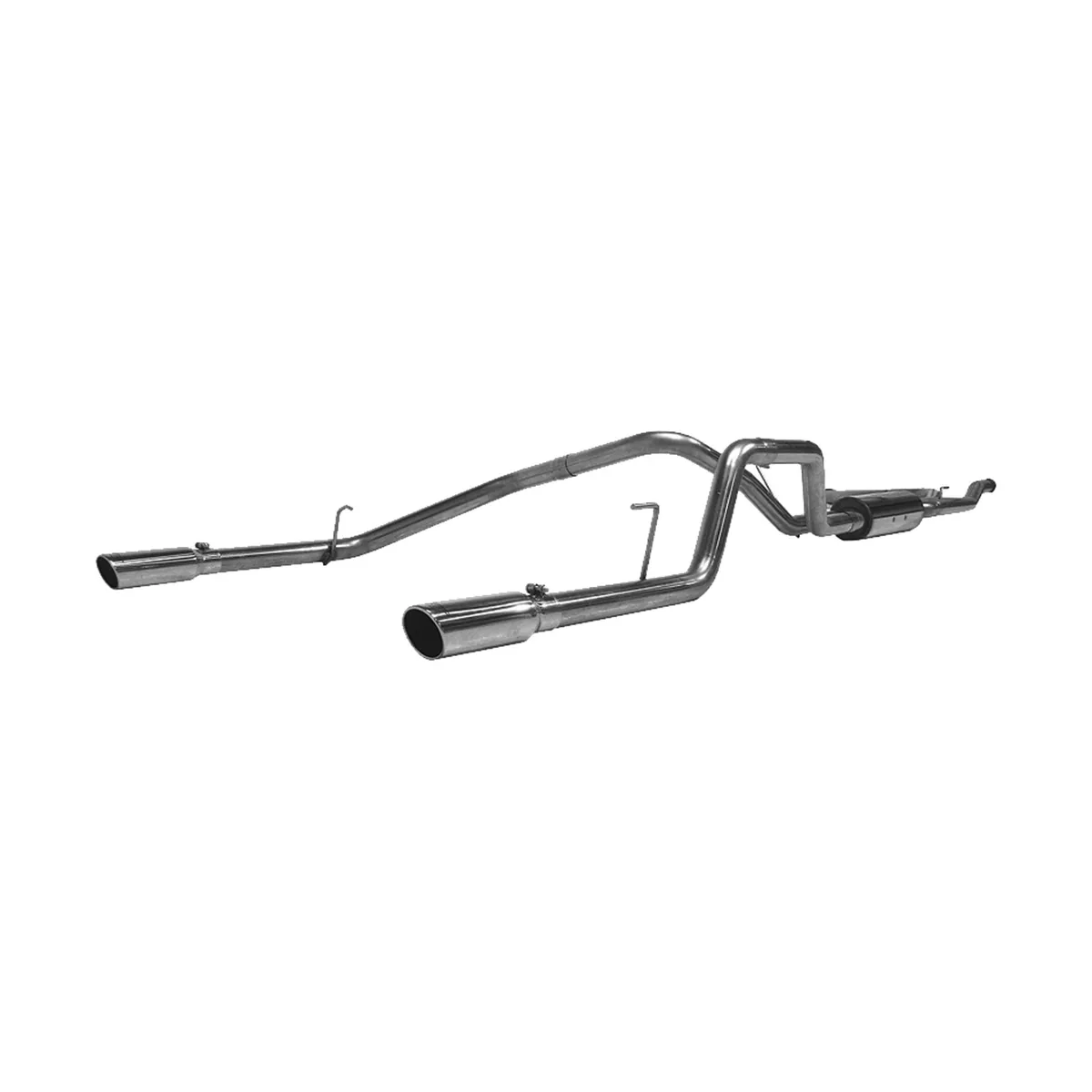 Armor Plus Cat Back Exhaust System; 2.5 in.; Incl. Front Pipes/Ext. Pipe/Muffler/Over Axle Pipes/Tailpipes/Hardware/3.5 in. OD Tips; Dual Split Rear Exit; T409 Stainless Steel; product image
