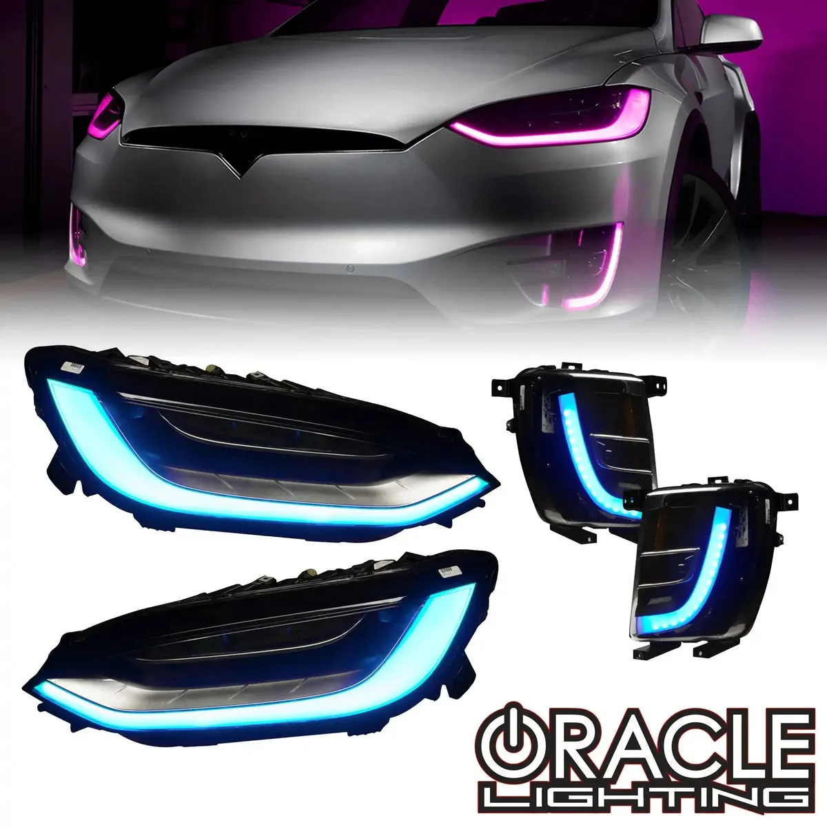 Oracle Lighting 2016-2024 Tesla Model x Dynamic Colorshift Headlight & Fog Light DRL Upgrade Kit - Combo product image