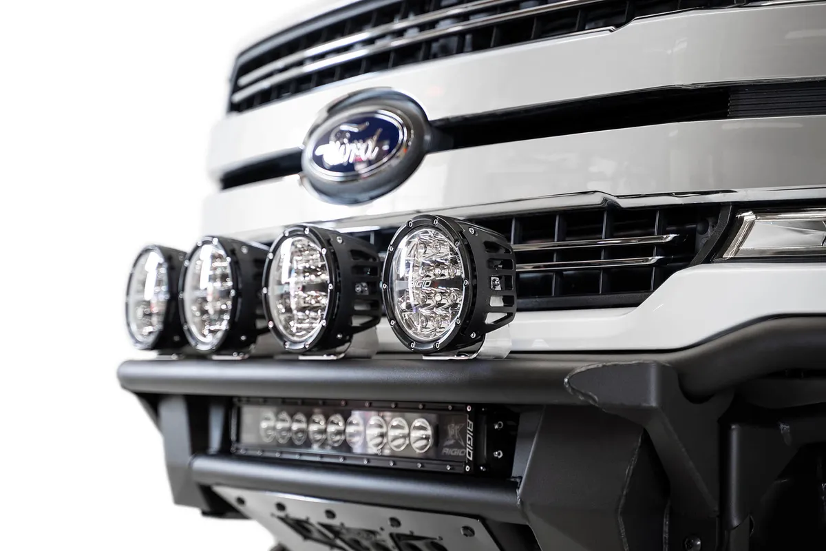 Addictive Desert Designs Ford F-150 PRO Bolt-On Light Hoop with 10 Dually or 4 Round Light Mounts 6 or smaller in Hammer Black -For Pro Bolt-On Front Bumper Only