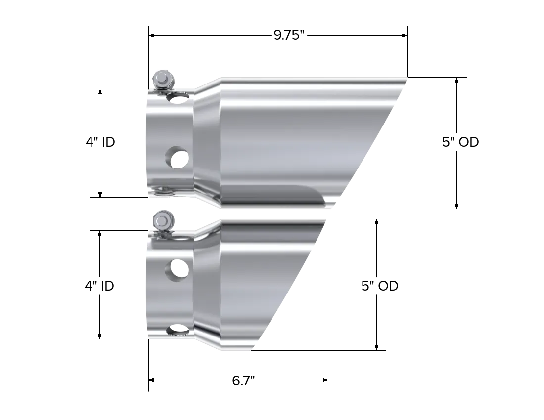 Armor Pro Exhaust Tip; Set of 2; 4 in. Inlet Diameter; 5 in. Outlet Diameter; 1-6.75 in. Length/1-9.75 in. Length; T304 Stainless Steel; Mirror Polished; product image