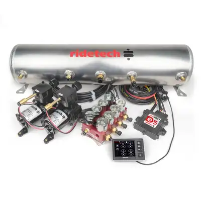 Ridetech Bigred Ridepro E5 Air Suspension Control System W/ 5 Gallon Tank 2 Air Compressors 5 Gallon Tank Bigred Electric Valve Touch Screen Display Ecu Pressure Sensors Wiring Harness 1/4 Inch Airline And Fittings Ridetech