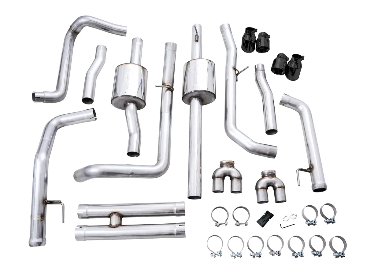 AWE 0FG Catback Split Rear Exit Exhaust for 4th Gen Silverado/Sierra 1500 6.2L (with bumper cutouts) - Quad Chrome Silver Tips product image