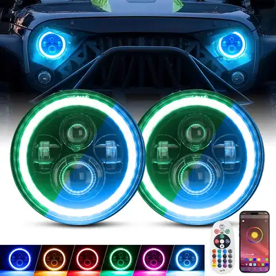 LED Factory Mart "7"" Jeep Wrangler LED Headlights with RGB Halo App Or Remote Control for 1997-2018"