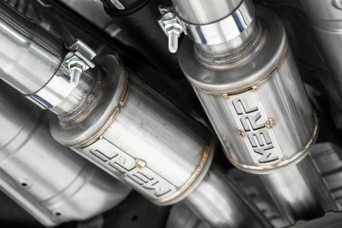 Armor Pro Cat Back Exhaust System; 3 in.; Incl. Front Pipe/X Pipe/Tailpipes/Mufflers/Hardware/5 in. OD Tips; Dual Rear Exit; 304 Stainless Steel; product image