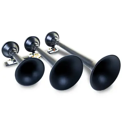 Kleinn Automotive Accessories Black Triple Horn; 18.25 in. / 14.75 in. / 10 in. Trumpets; XCR2.0 Coated Zinc Alloy;