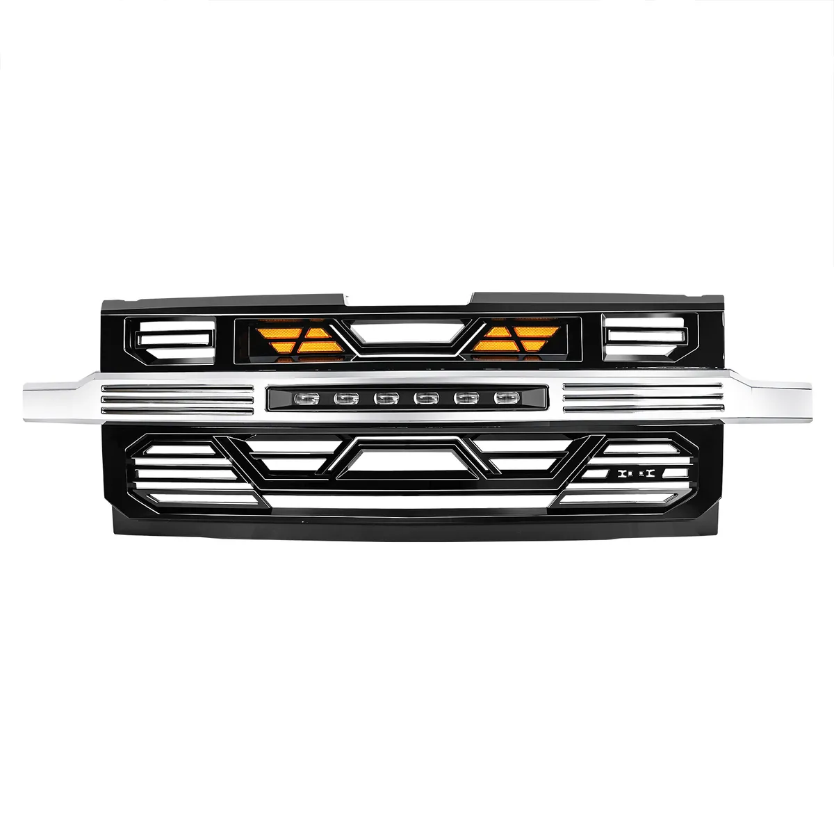 Armor Front Grille W/ Off-Road Lights & Amber Lights - Chrome Glossy Black For 2019-2022 Chevy Silverado 1500 product image