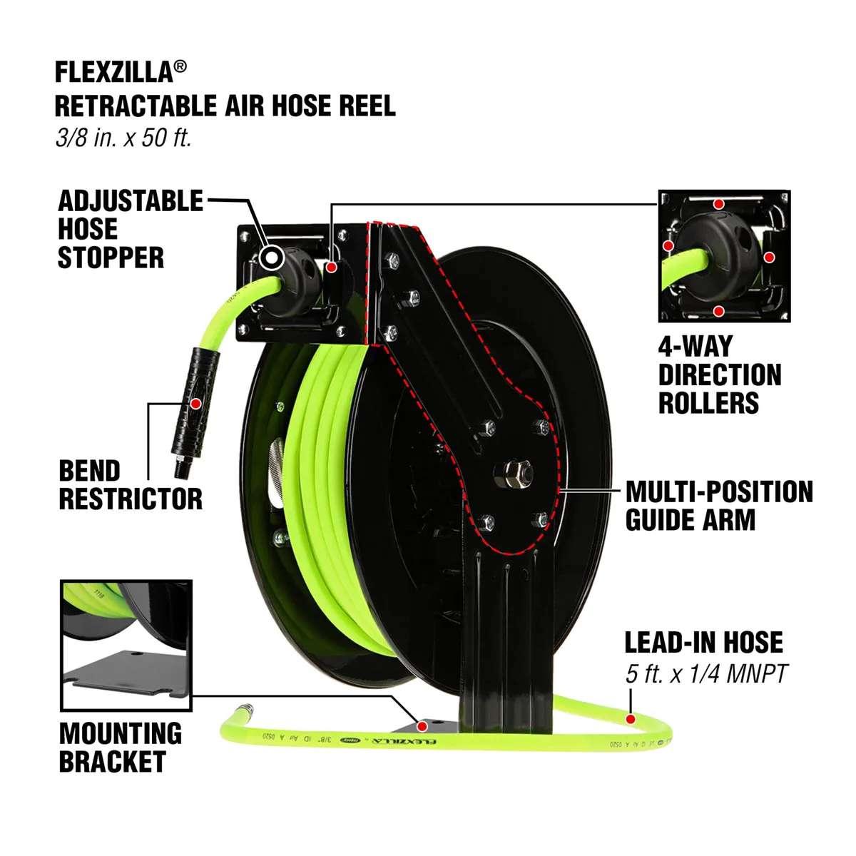 fz Retractable Air Hose Reel Open Single Arm 3/8in 50ft product image