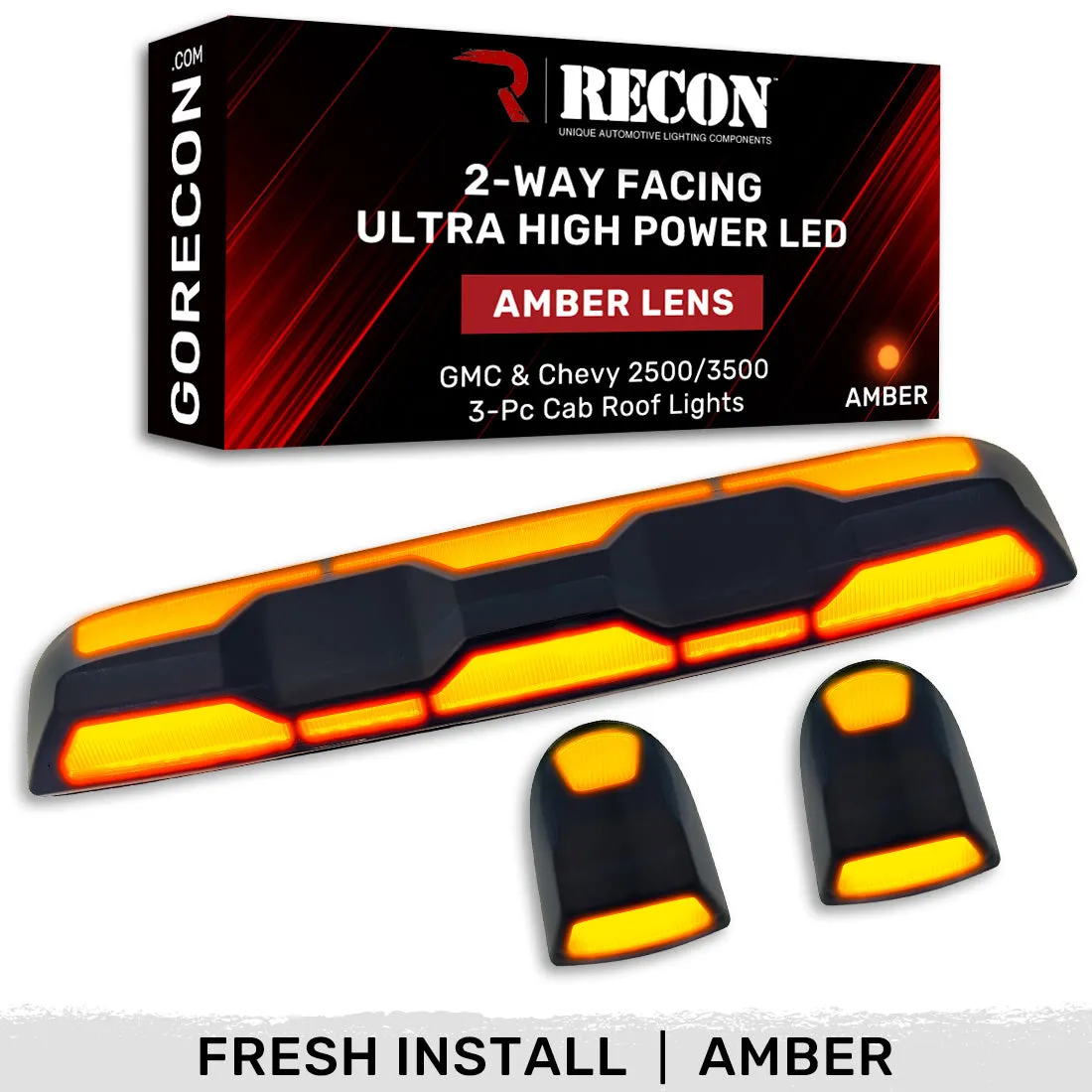 Gmc Chevy 20-23 4th Gen Body Style Heavy-Duty 3-Piece Set Amber Cab Roof Light Lens With 2-Way Forward Rear Facing Amber Ultra High-Power Leds - Includes Complete Wiring Kit For Installation on Truck That Did Not Come With OEM Installed Cab Roof product image