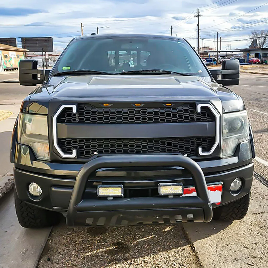 Raptor Style Mesh Grille W/ DRL & Turn Signal Lights - Matte Black For 2009-2014 Ford F150 product image