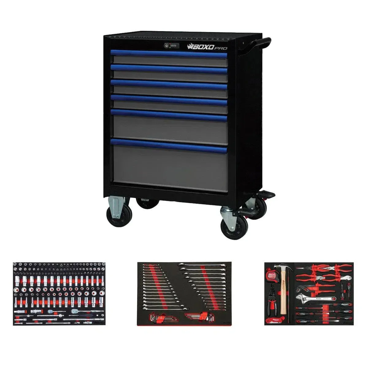 Pro Series 26in 6drawer Bottom Roll Cabinet W/217pc Tool Set Gloss White Blue Trim product image