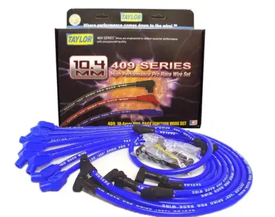 Taylor Cable Taylor Cable Ford Small Block Race Fit 10.4mm 409 Series Spark Plug Wire Set with Over Valve Cover DSI Fitment - Blue - 135° Spark Plug Boot Angle - 79658