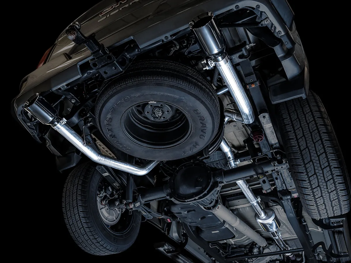 AWE 0FG Catback Split Rear Exit Exhaust for 4th Gen Silverado/Sierra 1500 5.3L (With Bumper Cutouts) - Quad Chrome Silver Tips product image