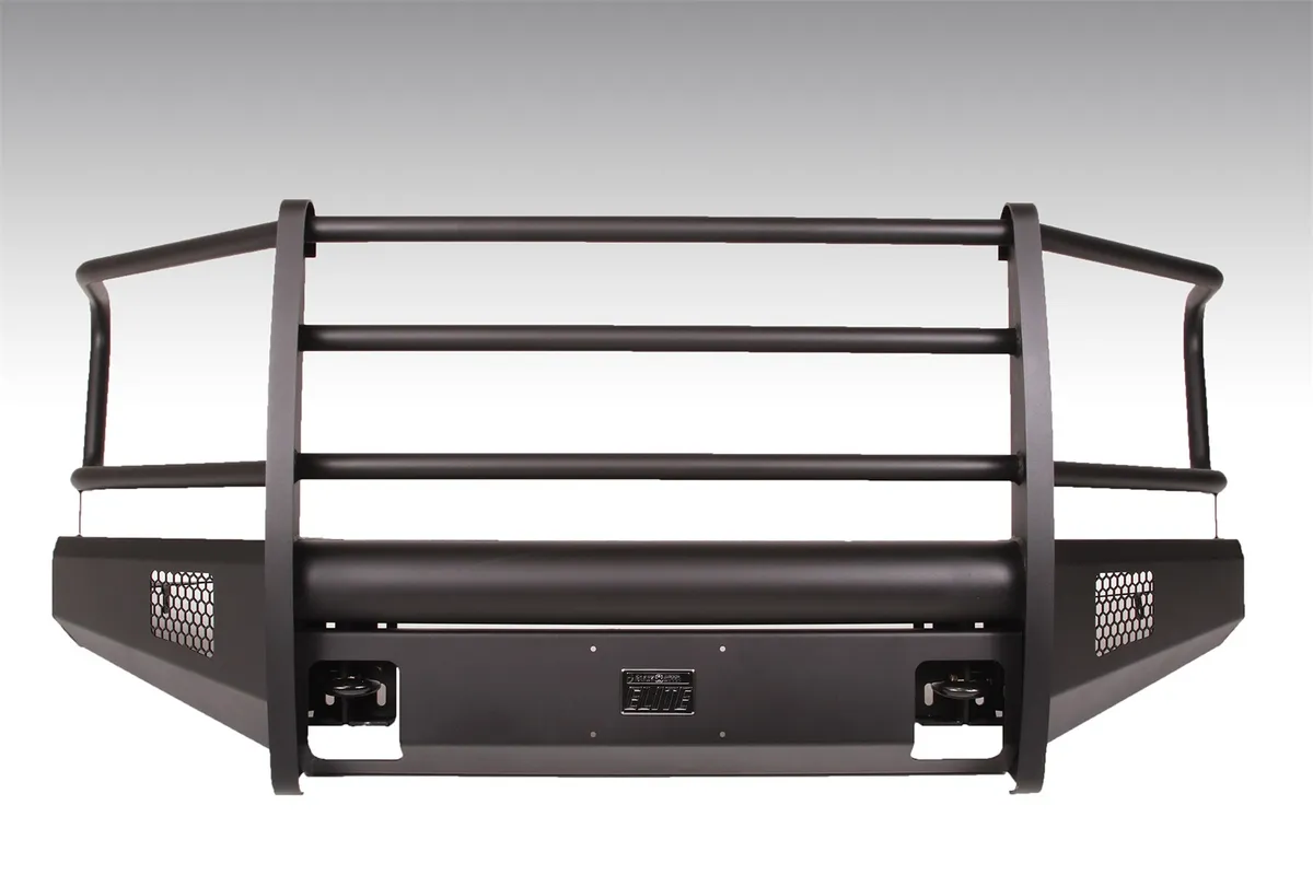 Fab Fours Elite Front Bumper; 2 Stage Black Powder Coated; w/Full Grill Guard; Incl. Light Cut-Outs And Tow Hooks;
