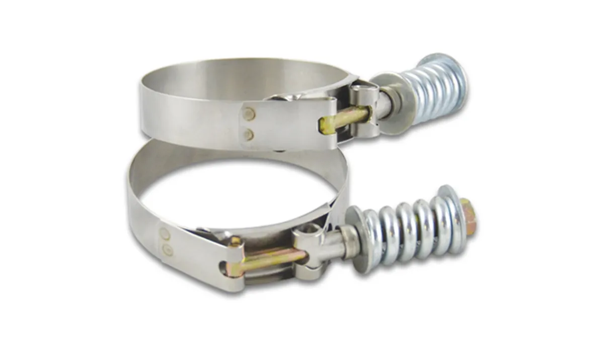 T-Bolt Clamps; 4.28 in. To 4.58 in. Clamp Range; 4 in. Matching Hose ID; 304 Stainless Steel; Pack Of 2; product image