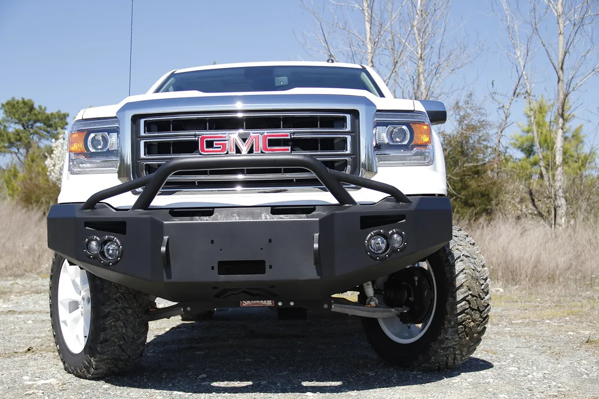 Premium Winch Front Bumper; 2 Stage Black Powder Coated; w/Pre-Runner Grill Guard; Incl. 90mm Fog Lamps/60mm Turn Lights; D-Ring Mounts; product image