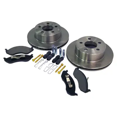 Crown Automotive Jeep Replacement 1999-2001 Cherokee XJ w/ 1-piece cast rotor; Front; Kit includes: 2 Brake Rotors 1 Pad Set and all necessary hardware. 1999-2006 Wrangler TJ w/ 1-piece cast rotor; Front; Kit includes: 2 Brake Rotors 1 Pad Set and all necessary hardware.