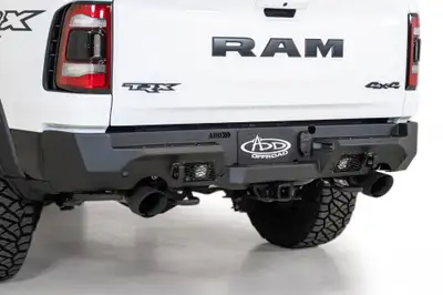 Addictive Desert Designs RAM 1500 Trx Stealth Fighter Rear Bumper With D-Rings With 2 Rigid Duallies in Hammer Black With Satin Black Panels 2021 RAM 1500 Trx