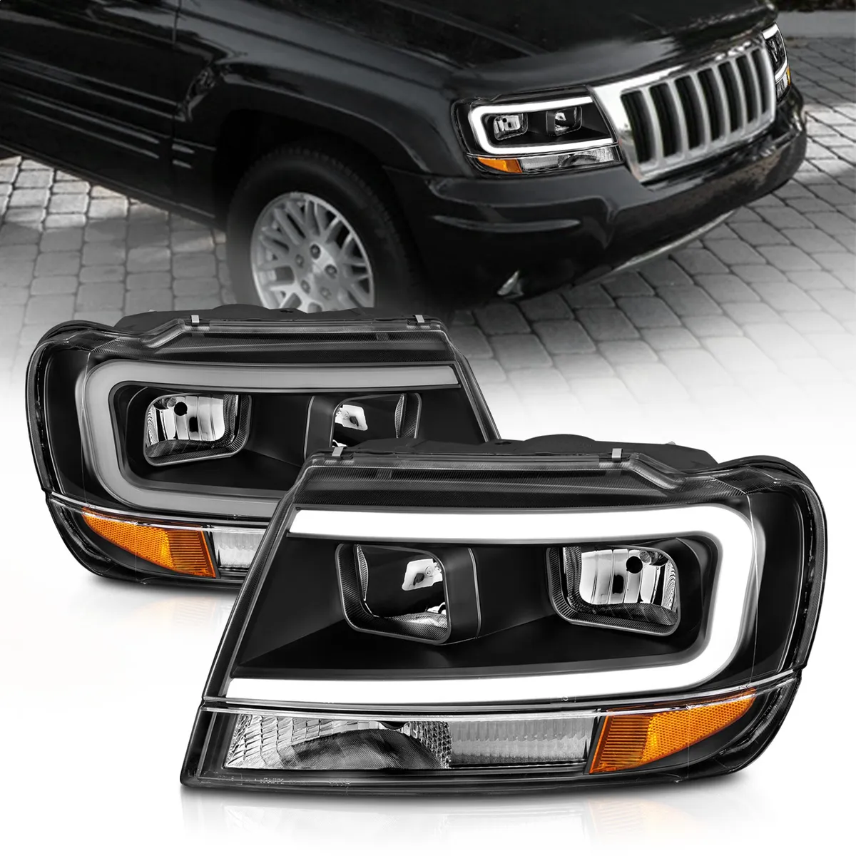 Crystal Headlights w Light Bar Black Housing Jeep Grand Cherokee 1999-2004 product image