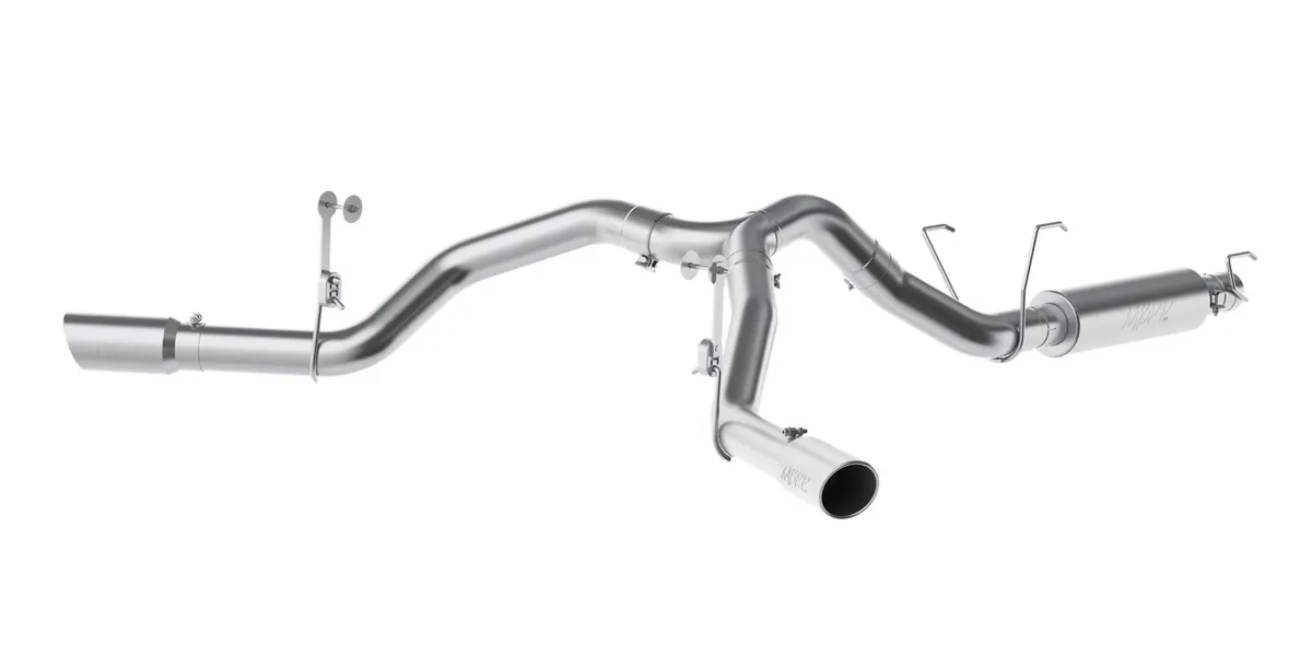 Armor Plus Cat Back Exhaust System; 4 in.; Incl. Ext. Pipe/Muffler/Over Axle Pipe/Y-Pipe/Tailpipes/Hardware/5 in. OD Tips; Dual Split Side Exit; T409 Stainless Steel; product image