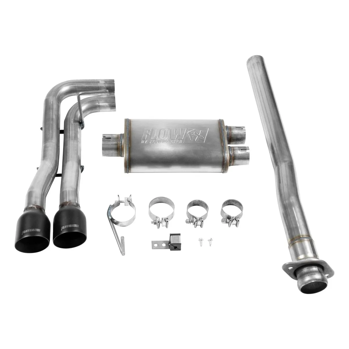 2015-2018 Ford F-150 2.7L3.5L EcoBoost 3.5L TiVCT 5.0L 2WD4WD All Except 3.5L Raptor and Std CabShort Bed 122 WB Cat-back Flow FX Series Muffler Mandrel Bent 2.5in. 16 Gauge Tubing 4 in. Black Ceramic Coated Tips WEtched Logo DOSS Flow product image