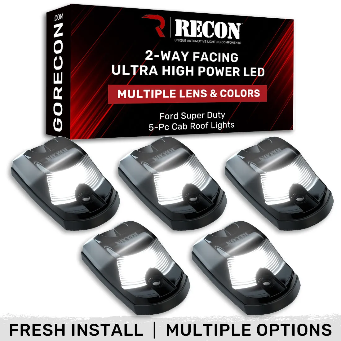 Ford 17-23 Superduty 5-Piece Set Clear Cab Roof Light Lens With 2-Way Forward Rear Facing White Ultra High-Power Leds - Attn This Cab Light Set is For a Fresh Install on a Truck That Did Not Come With OEM Cab Roof Lights no Square Hole Required - on product image