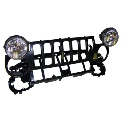 Crown Automotive Jeep Replacement 2002-2004 Liberty KJ Paintable; Includes header panel headlamps bulbs bezels adjusters (where applicable) parking lamps sidemarker lamps grille headlamp seats (where applicable) headlamp rings (where applicable)