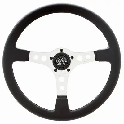 Grant Formula GT Steering Wheel; 14 in. Diameter; 3 1/2 in. Dish; Black Leather Grained Vinyl; Silver Anodized 3-Spoke Design;